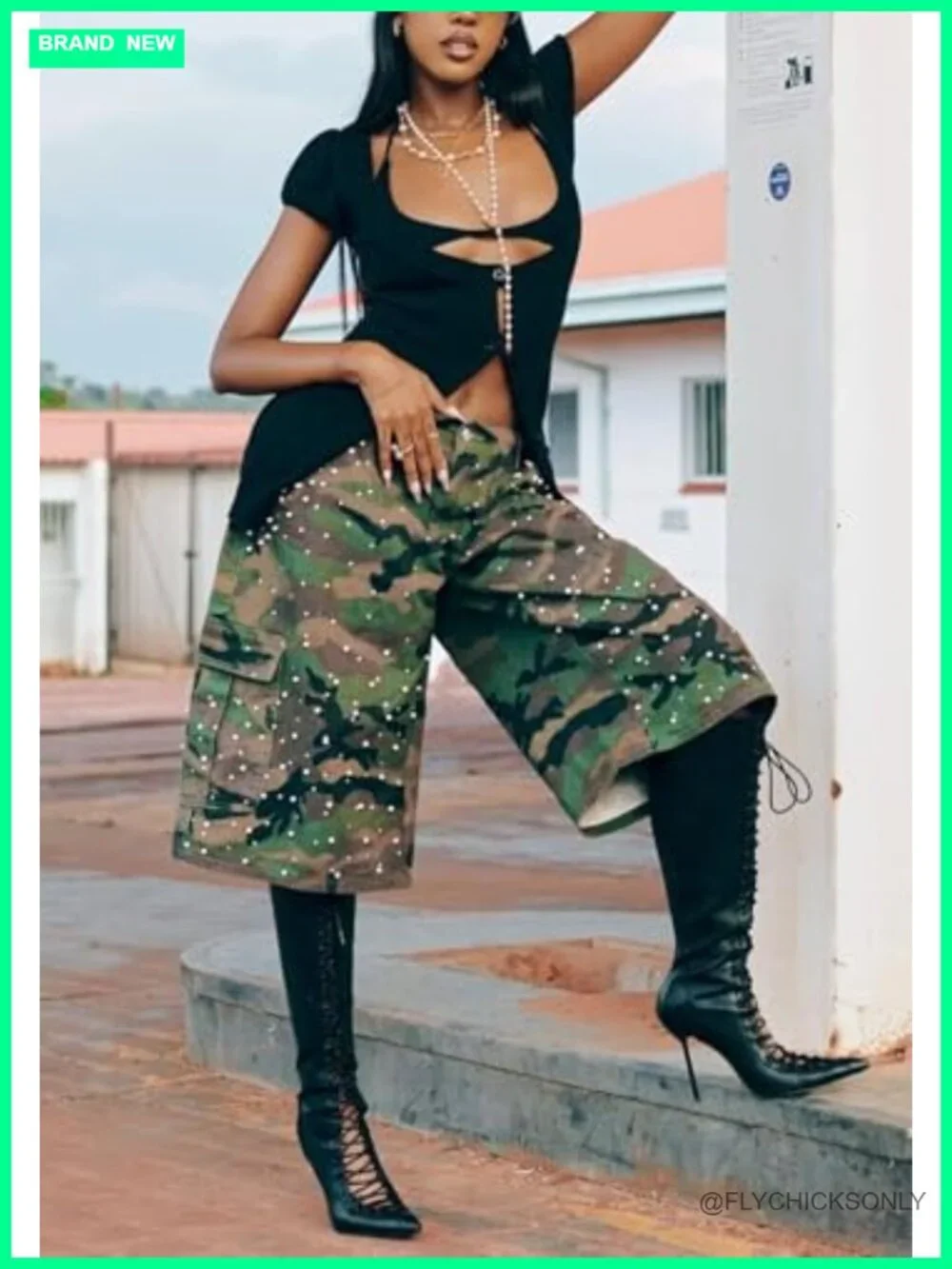 Camo Cargo Denim Shorts High Waisted Baggy Wide Leg Jorts with Pockets